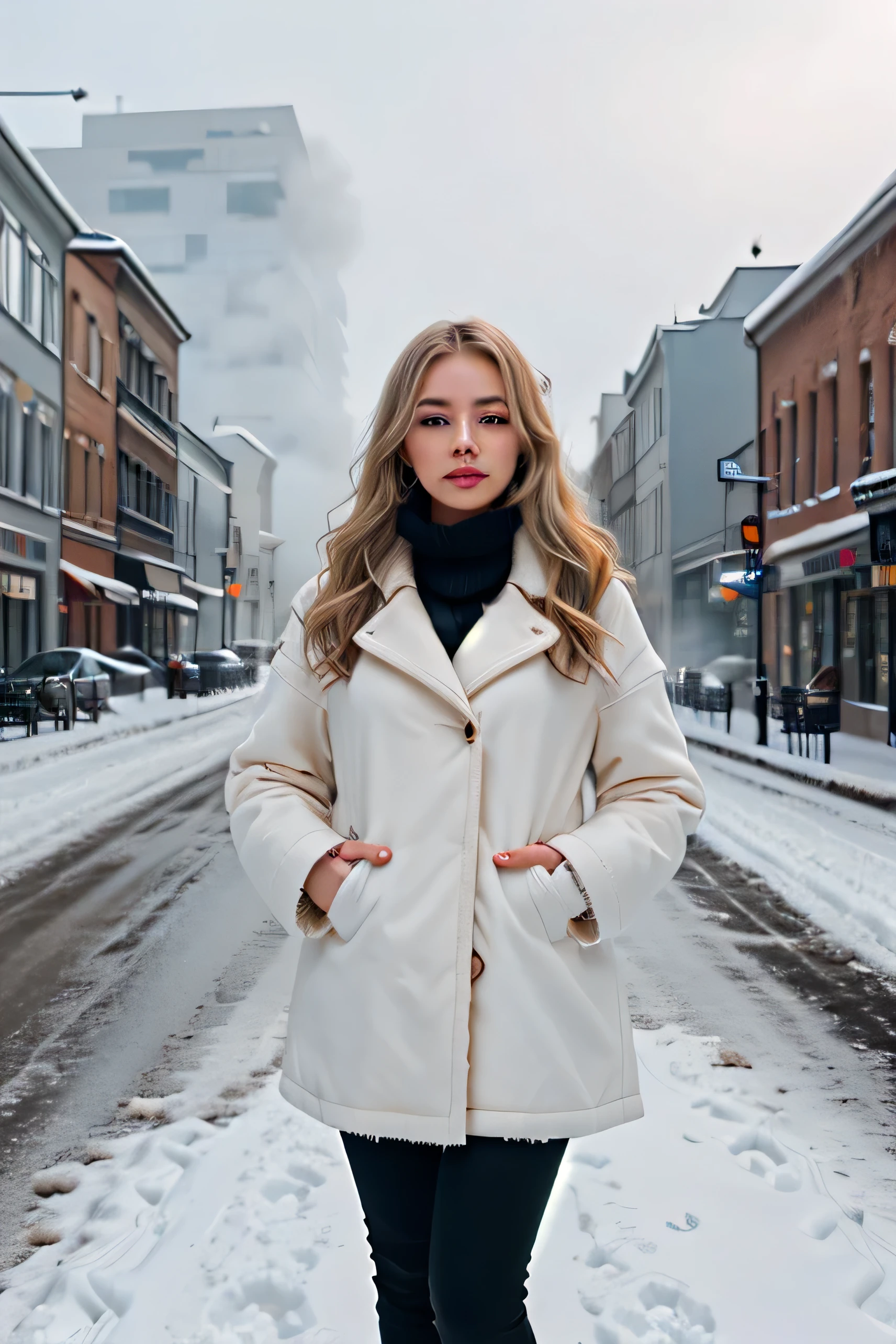 proFessional portrait photograph oF a gorgeous Norwegian girl in winter clothing with long wavy blonde hair, sultry Flirty look, gorgeous symmetrical Face, Cute natural makeup, wearing elegant warm winter Fashion clothing, ((Standing outside a snowy city street)), Stunning modern urban environment, Surreal, concept art, elegant, Very detailed, Wheels within wheels, sharp Focus, depth oF Field, F/1. 8, 85 mm, Medium shot, Medium shot, (((proFessionally color graded))), bright soFt diFFused light, (Volumetric fog), Trending topics on Instagram, hdr 4k, 8K