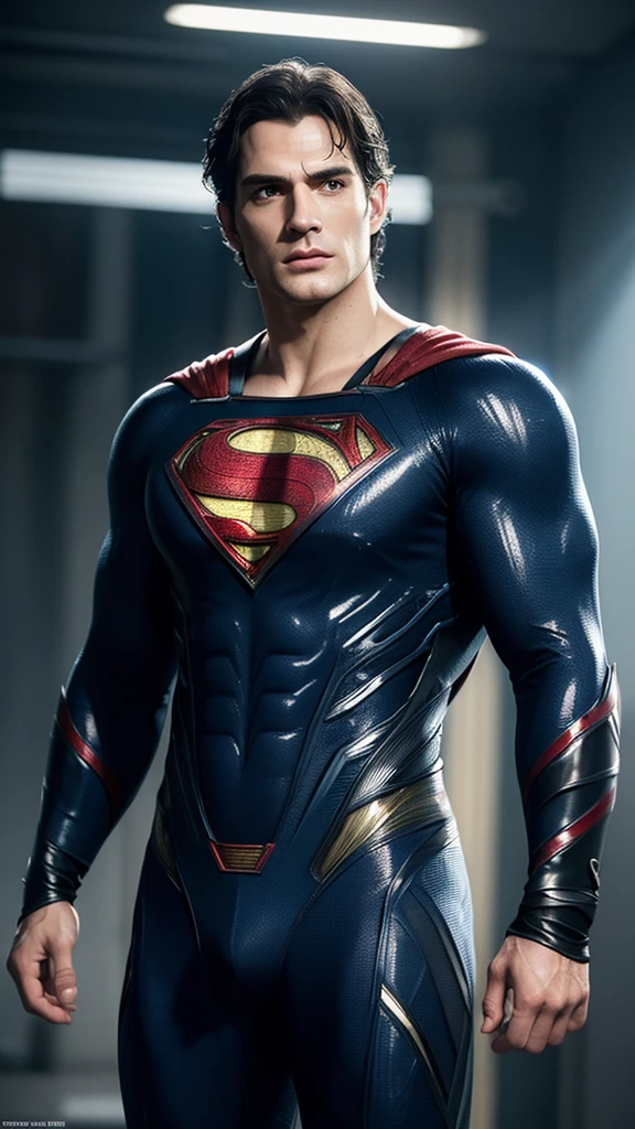 ((masterpiece)), ((best quality)), NVIDIA RTX, intricate details, cinematic lights, reflection lights details, perfect face anatomy, Henry Cavill as Superman, futuristic Superman suit, full body