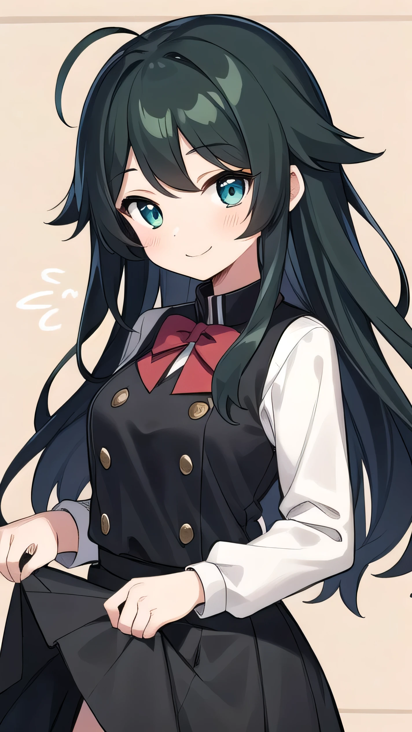 Junior high school student who looks like an elementary school student, , very short, 140 cm tall, black hair with a slight green tinge, short ahoge, beautiful long hair but with a little hair sticking out, beautiful round eyes, blue eyes, smile, boyish, long sleeves, Thick clothes, skirt, big breasts, hair longer than waist, long hair, childish face, gentle smile, a little shy, black skirt, black hair with a slight green tinge, boyish, gentle smile, jacket one size larger, ( Deep greenish black hair: 1.3)