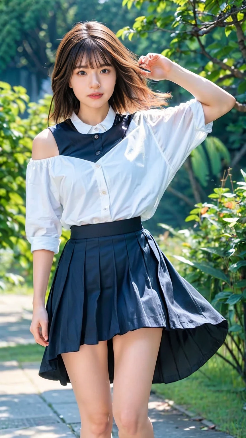 ((Viewing angle from below、Highest quality、masterpiece、32k、Every detail))、Descend the outdoor stairs、commute、Systemic manifestations、Traditional navy blue sailor uniform、White blouse、Pleated skirt、(((A strong wind blows my hair and skirt away:1.62)))、((I always carry the shoulder strap of my bag across my body..:1.22))、One Girl, alone、(((mini skirt, No underwear:1.22)))、Big Breasts、barefoot, High heels