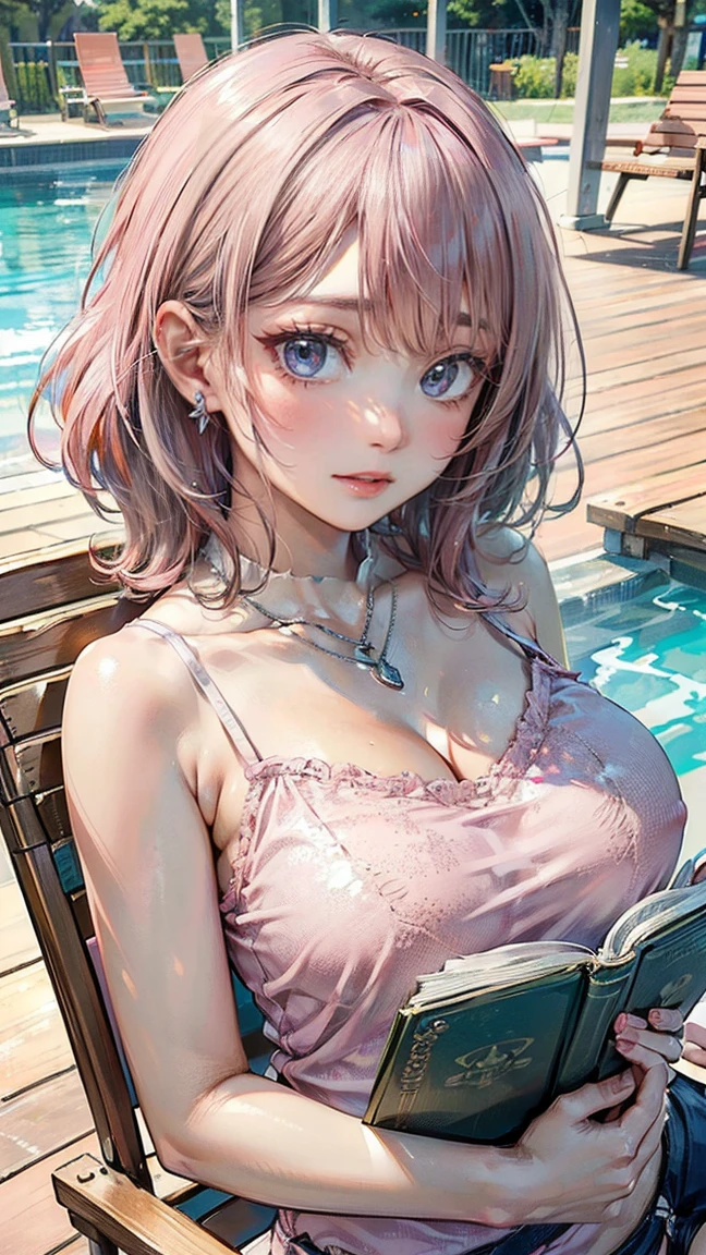 (Masterpiece, BestQuality:1.3), (ultra detailed:1.2), (hyperrealistic:1.3), (RAW photo:1.2), High detail RAW color photo, professional photograph, (Photorealistic:1.4), (realistic:1.4), (Pink Hair:1.5), professional lighting, perfect anatomy, (Big Breasts:1.2), (blush, detailed face), (A happy smile:1.7), sexly, erotic sexly, Random sexy gravure poses, (Pink camisole and shorts、And the girl with the silver necklace、Reading a book in a deck chair at a resort pool。:1.3)