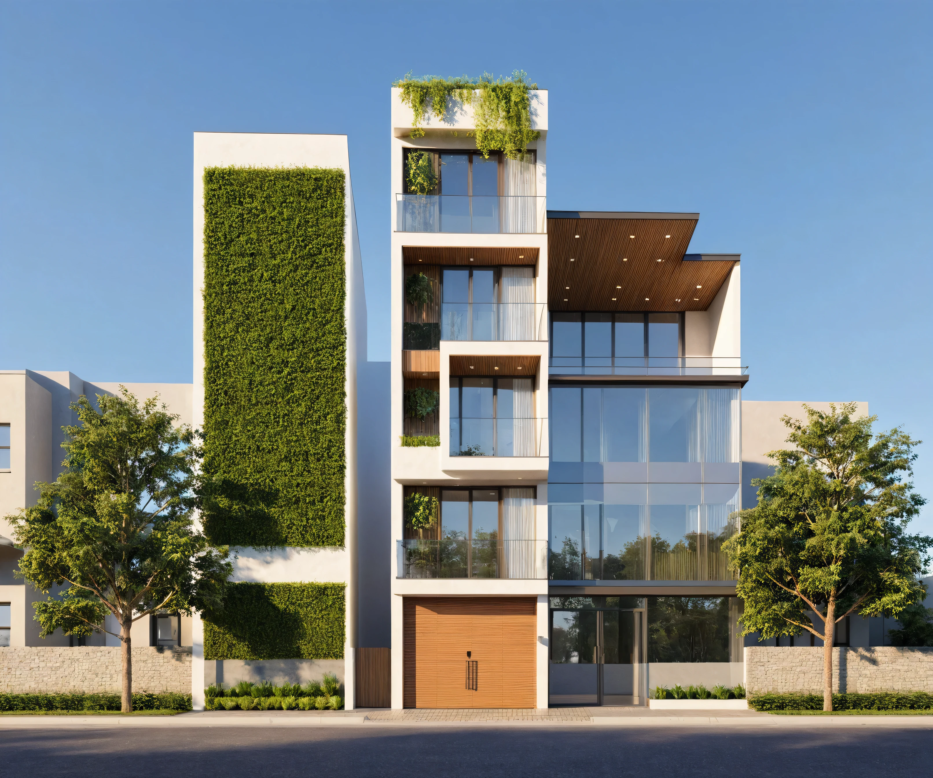 rendering of a building with a balcony and a balcony on the top floor, modern lush condo as shopfront, elevation view, building facing, street elevation, full building, frontview, front elevation view, mid-view, front-view, from street level, freddy mamani silvestre facade, view from the street, front elevation, conceptual, street level view