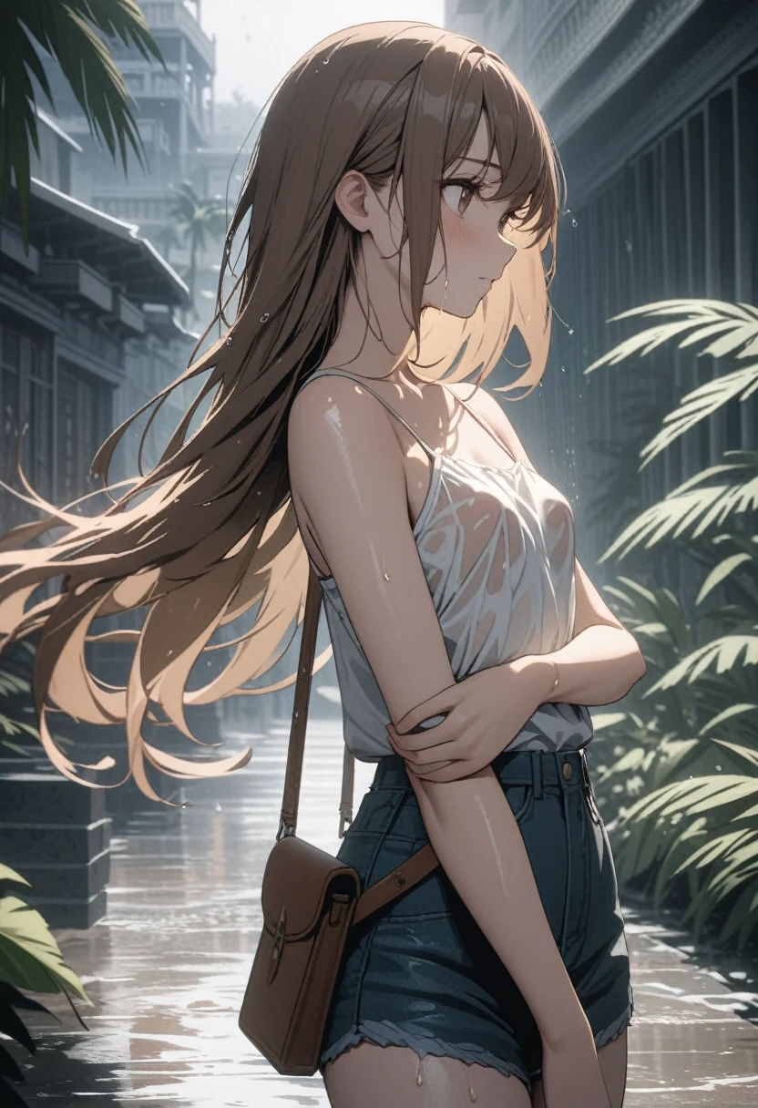 Close up, from side, young woman looking at sky with concern, brown eyes, swept bangs, ((long brown hair, waist length hair, holding own arm, beautiful face, cinematic light, best quality, masterpiece)), small breasts, shy arms, thin, floral pink baggy camisole, jean shorts, satchel, toned arm, toned stomach, she is walking across a street with puddles, library building, wide steps, people in background, wet skin, wet clothes, hair blowing in wind, in tropical climate, storm clouds, dense overcast swirling above, wall of rain and visible on horizon, slate atmosphere, tropical plants, palm tree, Cinematic, faded colors, dark shot, muted colors , grainy film, lute, insane details, intricate details, hyper-detailed,
