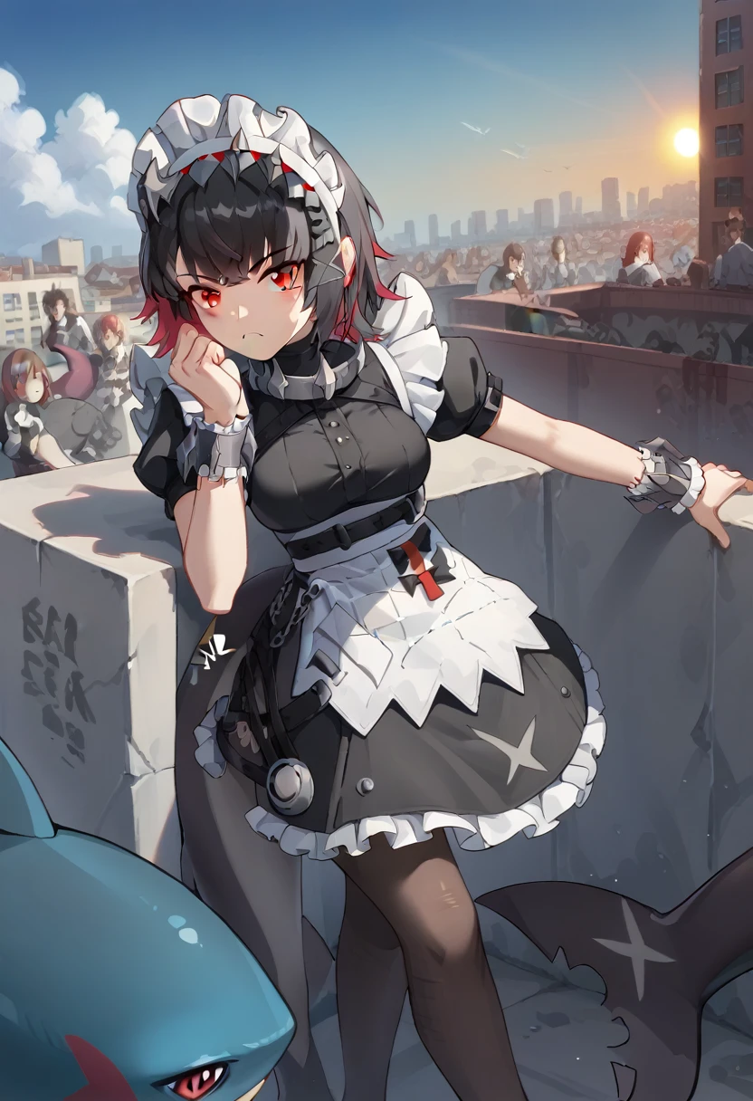 Anti-Joe, Ugly Joe, Black Hair, Colored undercoat, multicoloRed hair, (Red Eyes:1.3), Red hair, short hair, Two-tone hair, rest bapron, black Pantyhose, black shirt, black skirt, ear punching, arrive, fish Tail, maid, maid apron, maid headdress, Pantyhose, punching, puffy Short sleeve, Puff sleeves, Shark Girl, shark Tail, shirt, Short sleeve, skirt, Tail, Two-tone hair, Wrist sleeves, rest outdoors, City, Sky, cloud, sun, architecture, crowd, people, alley, rest looking at viewer, (Cowboy shooting:1.5), rest (masterpiece:1.2), best quality, high resolution, Unity 8K wallpaper, (illustration:0.8), (beautiful deTailed eyes:1.6), extremely deTailed face, Perfect lighting, extremely deTailed CG, (Perfect hands, Perfect anatomical structure),
