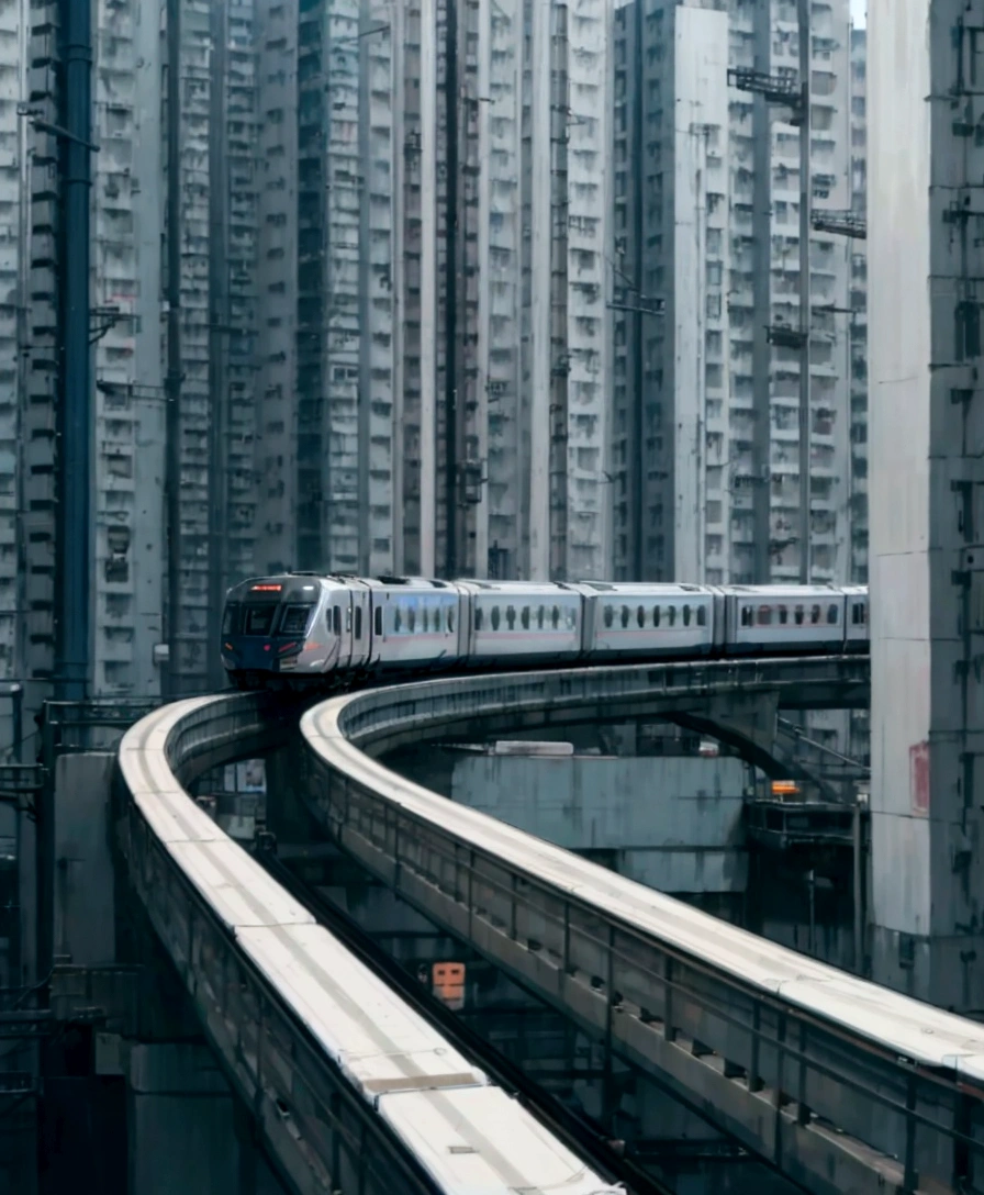 araffature of the train on the track in the city, By Patrick Cheng, Cyberpunk elevated train, A city like Hong Kong, By Jason Chan, urban city photography, In Hong Kong, Shipping across the city, By Fabian Scharau, By Fei Danxo, Reminiscent of Blade Runner, Interesting composition, Monorail, Like a scene from Blade Runner