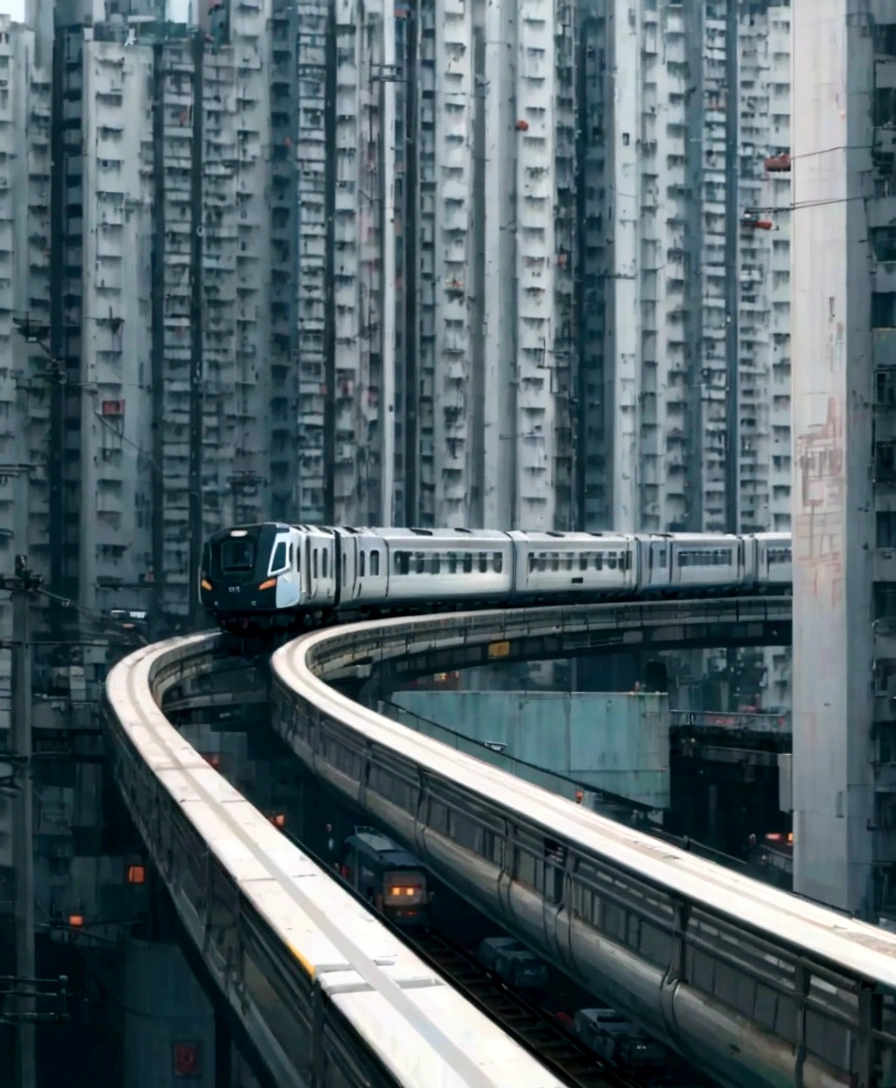 araffature of the train on the track in the city, By Patrick Cheng, Cyberpunk elevated train, A city like Hong Kong, By Jason Chan, urban city photography, In Hong Kong, Shipping across the city, By Fabian Scharau, By Fei Danxo, Reminiscent of Blade Runner, Interesting composition, Monorail, Like a scene from Blade Runner