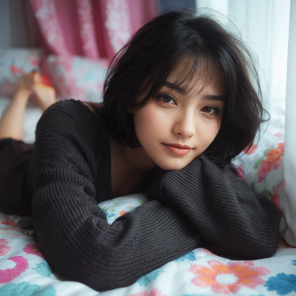 A beautiful woman was lying on the bed