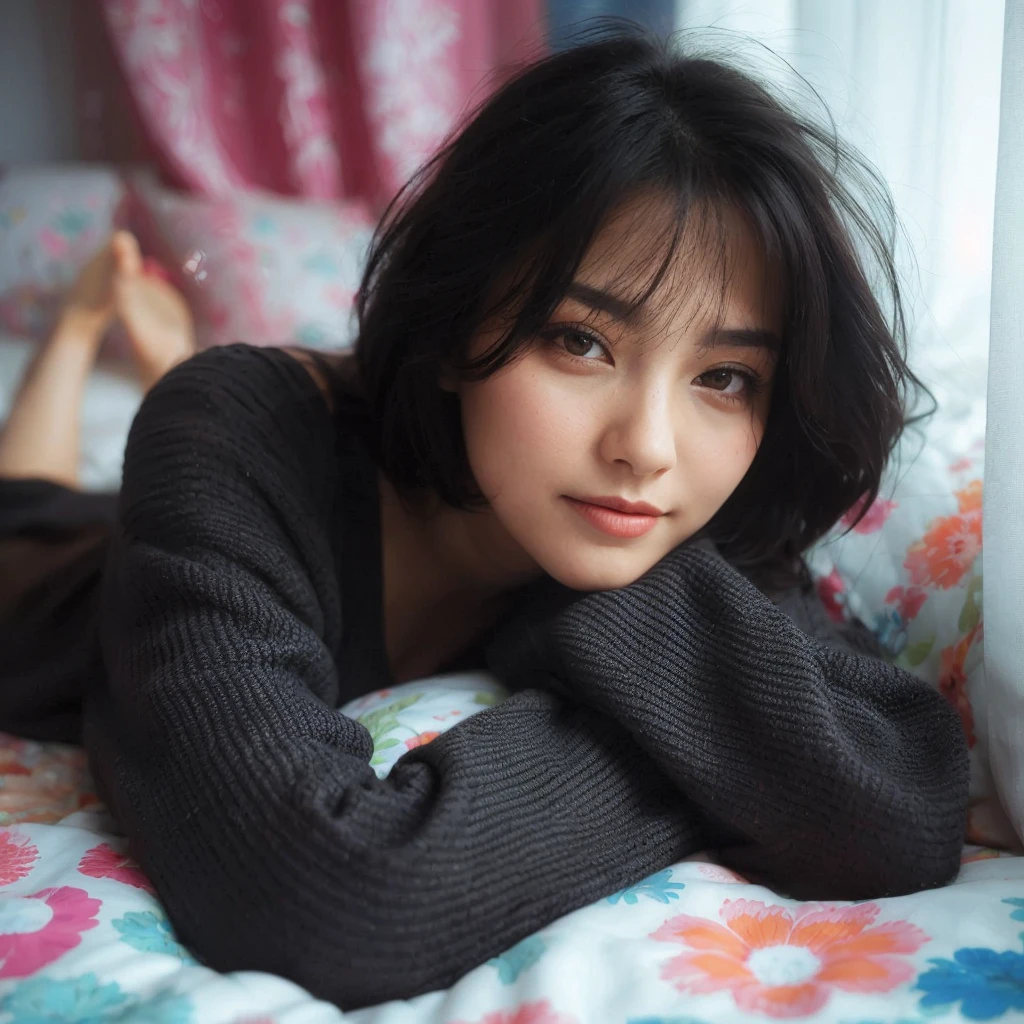A beautiful woman was lying on the bed
