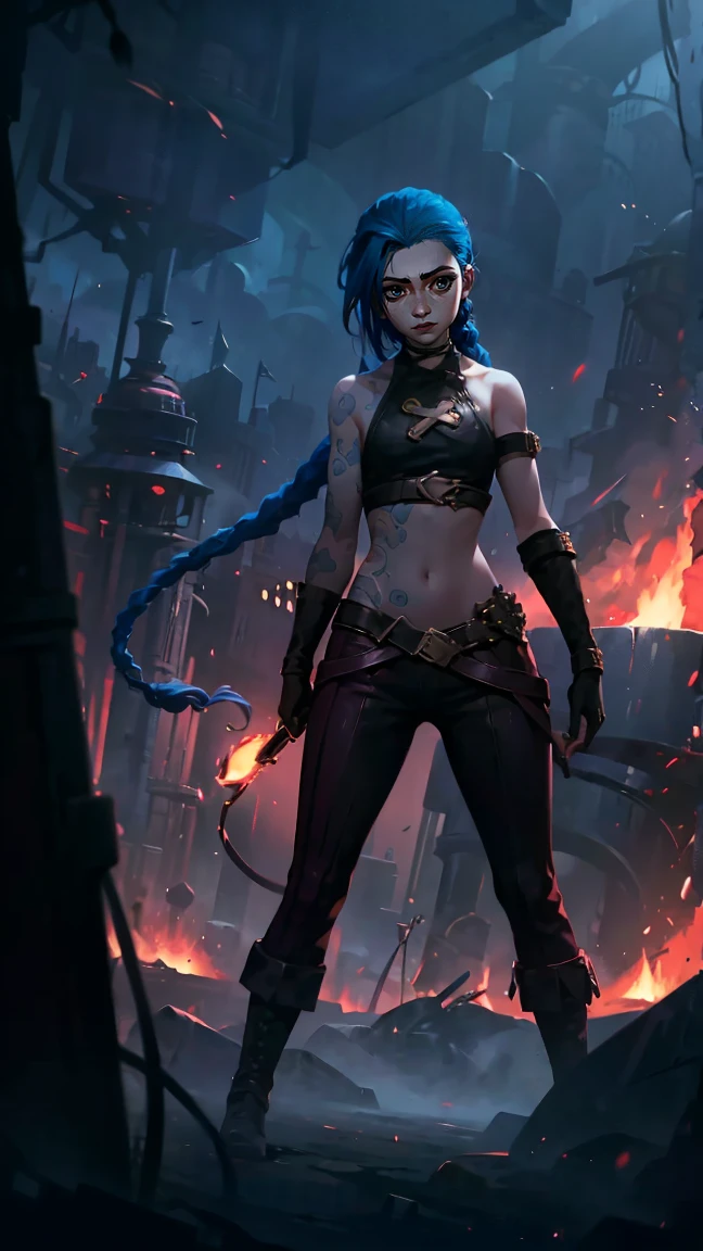 (masterpiece, Best quality), 1 girl, portrait, very sexy, crazy look, smile, crying, pink tears, tears on the cheeks, tears from eyes, full length (full body 1.1.), очень feminine, fighting stance, battle, fire, explosions, burning city, Beautiful waist, gloomy composition, flame, fire, Flash, very beautiful, feminine, long hair, hair braided in long braids, very sexy, tight leather pants, emphasis on the eyes, emphasis on the face, Beautiful face, Hands, Hair, Haired ponytail, red purple eyes, Джинкс crying, Blue cloud tattoo, (masterpiece, Best quality), Side lighting, beautiful detailed eyes, crazy face), (Best quality), (masterpiece), magic photography, Spectacular lighting, Photorealism, ultra detailed, интимная portraitная композиция, 1. 4,8 k UHD, aesthetic, Cd., A high resolution, 8 k, better lighting, Best shade, Ultra-HD, A high resolution, sharp focus, Complex background, Cinematic lighting, ((Landscape view)), 4K block, (better lighting), ((Cinematic lighting)),