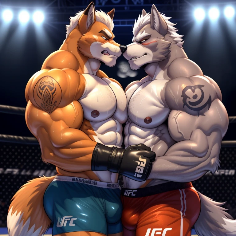 Duo male(Fox Mcloud vs Wolf O'donnell, handsomes, Thick eyebrows), gay(Slaped face, embraced, cuddling, hot abs frottage, face to face, on a UFC match), hot(Shirtless), handsomes(They are handsomes, correct anatomy), musculosos(Big muscle bodies, Six packs, muscle abs, big pecs, muscle backs, muscle legs), sweaty(very sweaty wet bodies, shiny sweat), tatuajes(they have tattoos), Grumpy(Both have an grumpy expression, growling, grumpy teeths, steaming breath), UFC gloves(They both are wearing UFC gloves), UFC boxers(They both are wearing UFC boxers), Hight resolution, by(Zourik:1.1) 