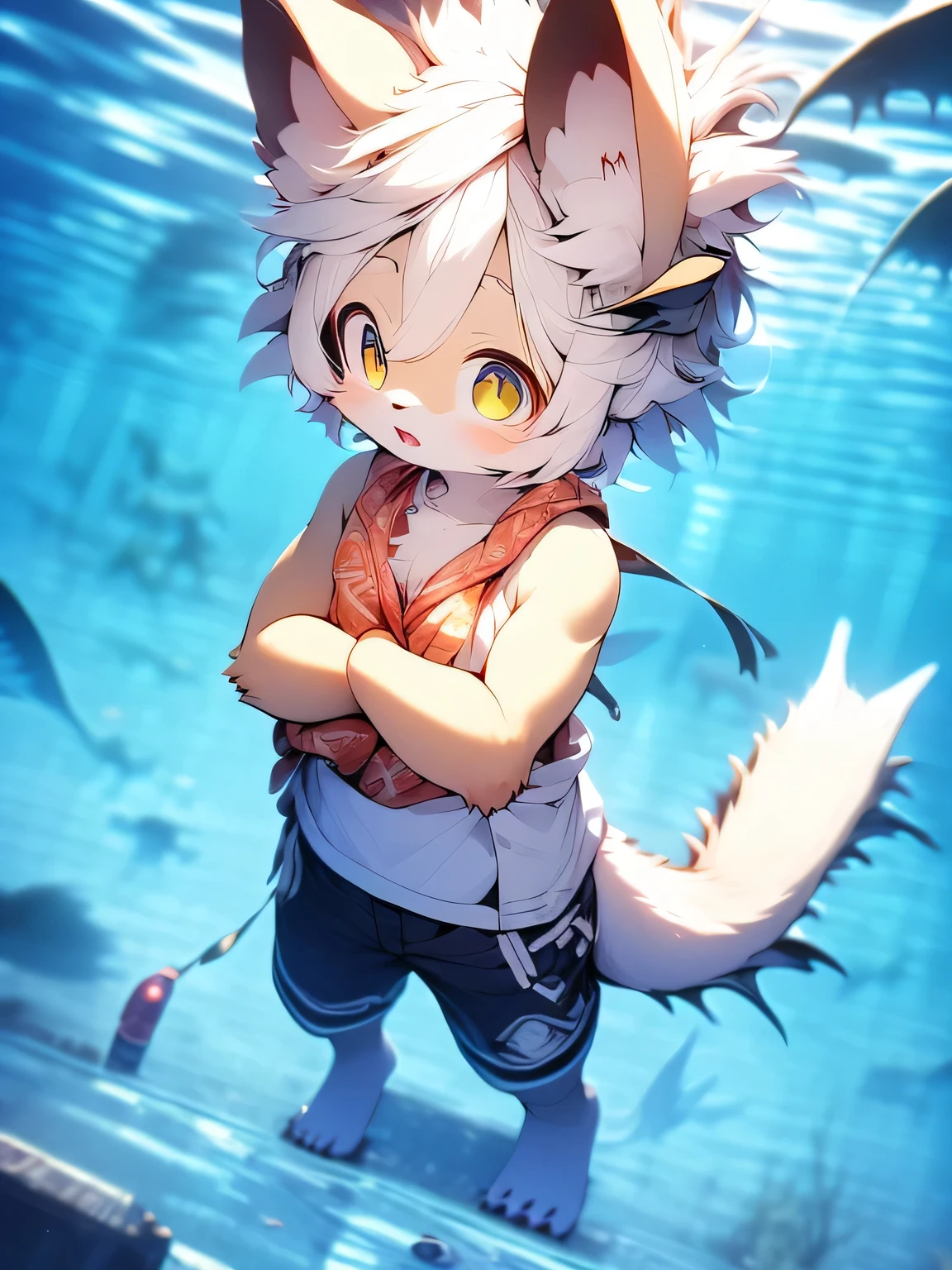 (From dagasi: 1.1), rest, Masterpiece, high resolution, 8K, Detailed background, high quality, rest, rest, (Light blue fur, White hair, Black sclera, Yellow eyes, Fluffy fur, Fine fur)) hairy, shattered, male, Boys, Humanoid, shorts, swim trunks, ((( deep sea, Under the Sea, in the sea, Playing in the water, swim, diving)))), Solitary, fish, Topless