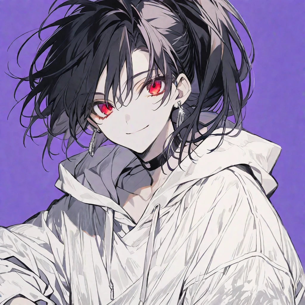solo, handsome, monotone,
1. male,
Hime cut,Straight Hair,Bob Hair, ponytail,
black hair,
Nakano Yotsuba,
red Eyes,Soft look,beautiful,beautiful,Sexy,Darkness,Lots of silver earrings,choker,
White Distressed jeans, hoodie ,smile,skin,Summer,
simple background ,
purple background,