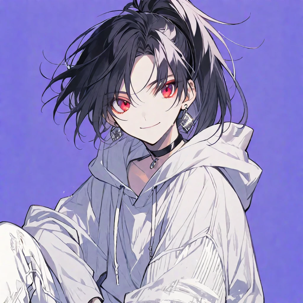 solo, handsome, monotone,
1. male,
Hime cut,Straight Hair,Bob Hair, ponytail,
black hair, 
Nakano Yotsuba,
red Eyes,Soft look,beautiful,beautiful,Sexy,Darkness,Lots of silver earrings,choker,
White Distressed jeans, hoodie ,smile,skin,Summer,
simple background ,
purple background,