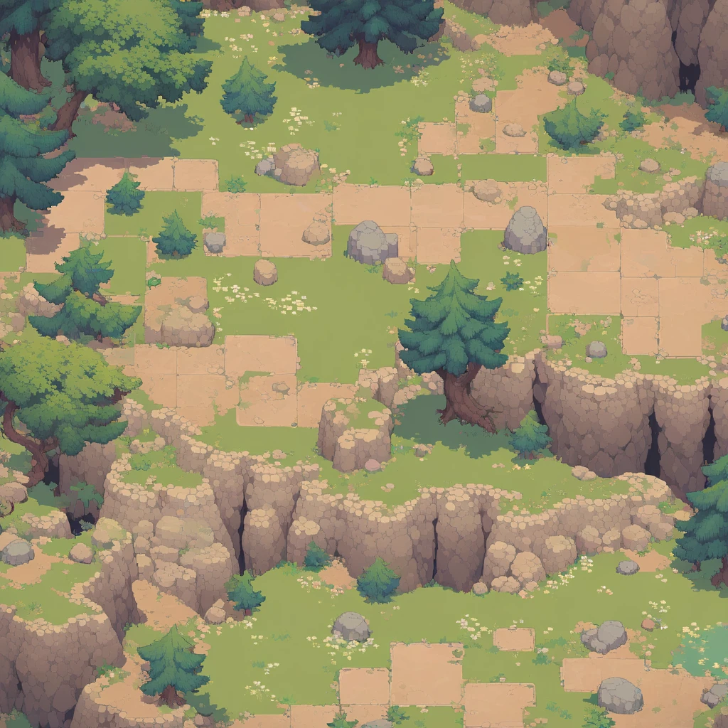 retro video game style,pixelated, vibrant pastel colors,8-bit characters,blocky shapes,sharp lines,detailed shading,classic gaming vibe,nostalgic atmosphere,classic arcade games,masterpiece:1.2,ultra-detailed,illustration style, 2d texture, stone texture, 4 k seamless mud texture, video game texture, dirt texture, tileset, game tiles, grass, 3/4th perspective trees, 3/4th perspective tileable rock texture, 3/4th perspective tileable cliff formations, tileable trees, topdown view, game texture, game art, tileable texture, very detailed cliff texture, intricate stones, top down view, 3/4th perspective