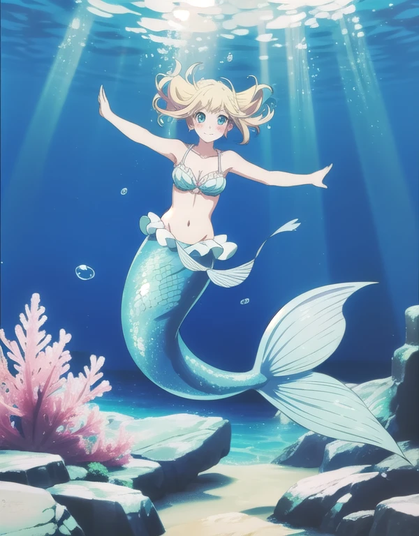 mermaid pokemon,underwater, mermaid tail below waistline, 1girl, violet evergarden, solo, blonde hair, blue eyes, short hair, bra, looking at viewer, blush, happy, full body, swim pose