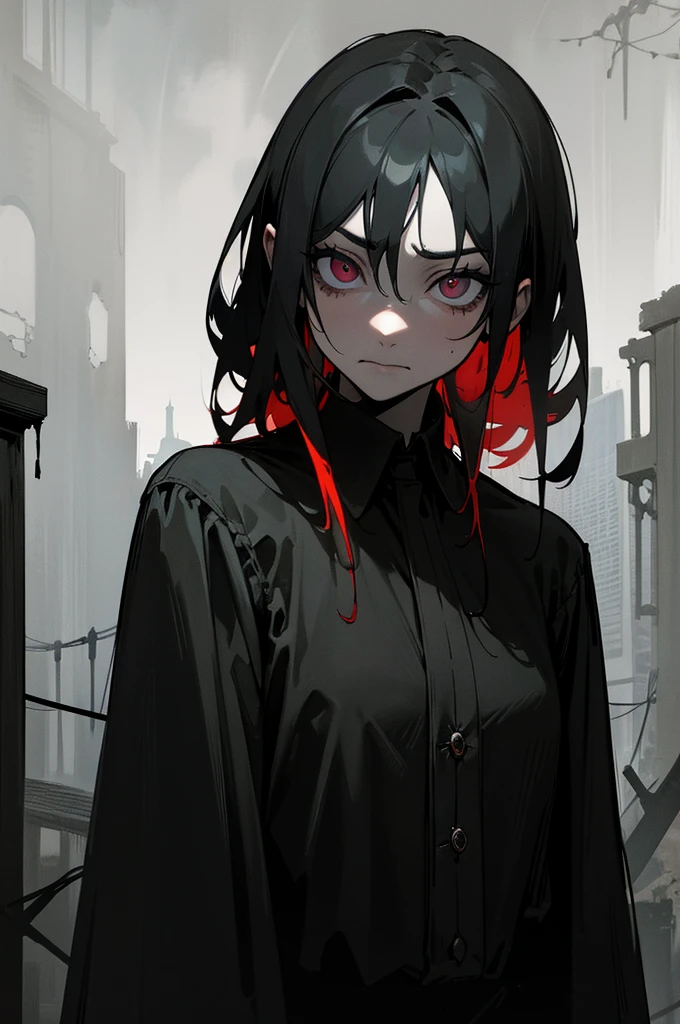 (best quality,highres:1.2),ultra-detailed,realistic,photorealistic:1.37,horror,creepy,grim,dark,desolate,decayed,dilapidated,crumbling buildings,dense,ominous fog,thick mist,haunting,unsettling,,distant figure,collapsed structures,overgrown vegetation,barren streets,spooky,ominous silence,abandoned cars,ominous clouds,broken windows,shadows lurking,unearthly,moonlit sky,empty playground,distant siren wailing,cinematic lighting,intense shadows,dramatic composition,distorted reality,dreamlike,nightmare-inducing,unusual perspective,stylistic distortions,exaggerated features,emotionally charged,fear,anxiety,mystery,dread,suspense,nail-biting tension,desolation,unseen danger,unfamiliar,uncanny,uncertain,color palette: dark and desaturated,sharp contrast,deep blacks,ominous red highlights,flickering streetlights,diminishing perspective,strange-cloaked figure,almost glowing eyes with intense gaze,anime style with sketching,comic book-like,angular brushstrokes,vivid details