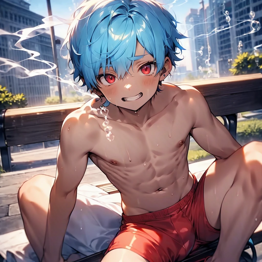 (solo:2), (boldline:-1.8), (smoking:1.6), (((bubble))), (sitting on bench:1.5), (spread legs:1.5), (((fang))), (((best finger))), BREAK (best quality:1.5), (absolutely resolution:1.5), (ultra detailed:1.5), (masterpiece:1.5), (perfect face), (detailed face), (detailed eyes), (best eyes), (cute face), (shota:2), BREAK (topless:1.5), BREAK (red short pants:1.5), (see throgh wet clothes:1.2), (bulge:1.6), (skinny:1.3), (spiked hair), BREAK (light blue hair:1.5), (wine red eyes:1.4), (eyes with highlight:1.6), ((mole under eye)), (sweaty skin), (light skin), (grin:1.5), ((earrings)), (shiny skin:1.3), BREAK (garden), (building:1.5), (at twilight:1.5), ((wind blowing)), ((nipple)), (abs), (groin),