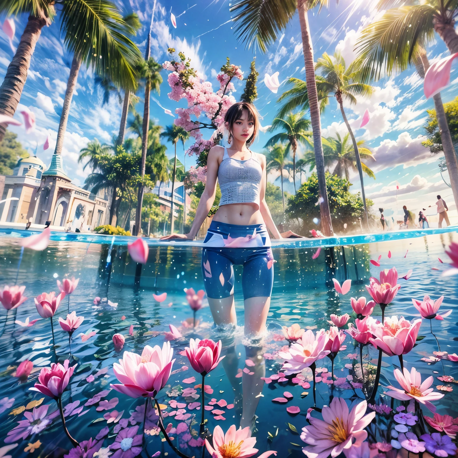 280th floor infinity pool,The tallest building in the urban forest, {Around bonsai|Luo Han Song|coconut palms|tulips|Rose flower}, ExtermlyDetaild(ProfessionlPhoto of Girl floating in the sky:1.37)(Masterpiece 8K TopQuality:1.2), ExtremelyDetailed KAWAII face Eyes{ElaboratePupils with (SparklingHighlights:1.28)|DoubleEyelids with (Voluminous LongEyelashes:0.88)|RosyCheeks} BREAK Detailed impeccable Radiant PearlSkin with Transparency (Skinny SchoolSwimwear:1.37) beautiful graceful {HiddenHand|Corrected BabyLikeHand} (Whole Body Proportions and all limbs are Anatomically Accurate)