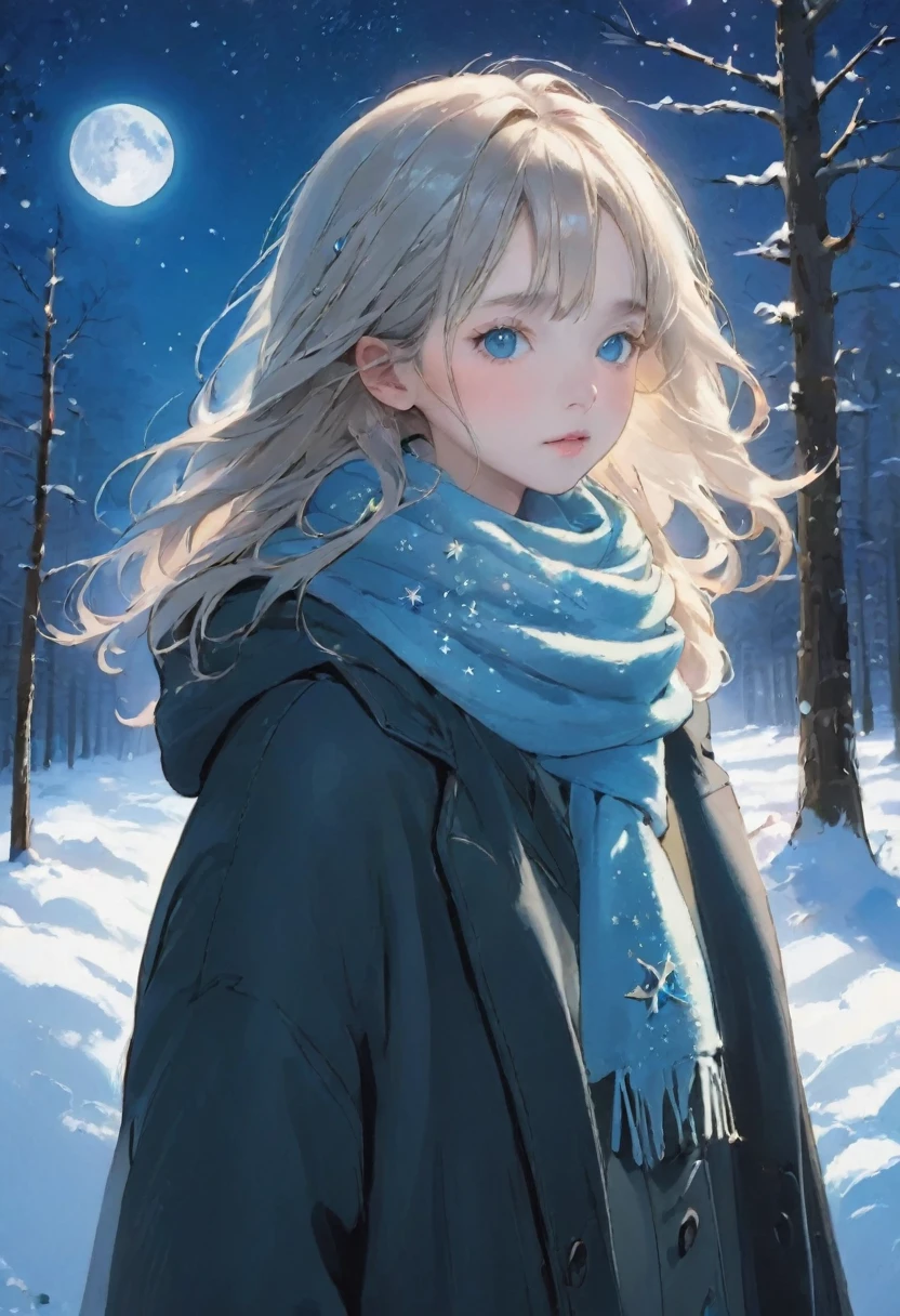 RAW Photos、Realistic、Highest quality、masterpiece、、A girl wearing a duffle coat and an onahole、Luxury brand duffle coat、Brightly colored scarves、((scarf hair:1.3))、cold夜、Red cheeks、I breathe、minus30The world of degrees、Diamond dust、月明かりに輝くDiamond dust、Deep in the forest、Full moon night、かわいいface、Very detailed_face_eye、cold、Alaska Night、Starry Sky、