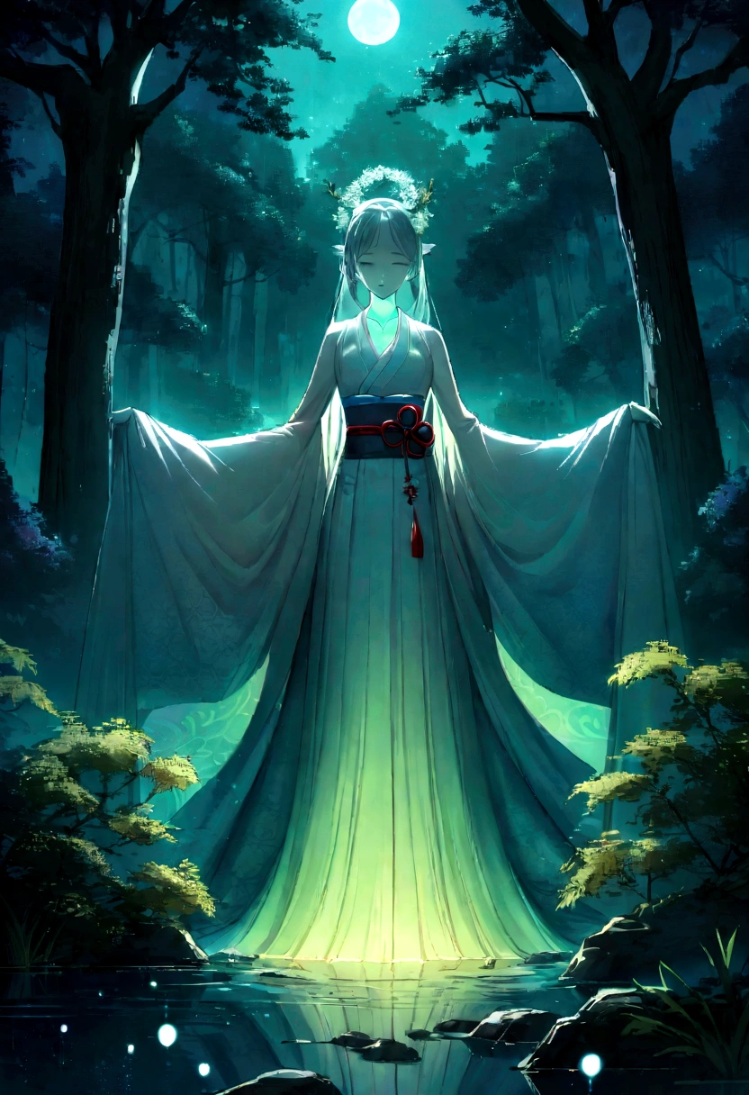 "A mesmerizing scene of Rokurokubi, the legendary Japanese yokai with a long, serpentine neck, elegantly stretching through the moonlit night. Her traditional kimono flows gracefully in the wind as she stands amidst a serene, ancient forest. Soft, ethereal moonlight filters through the trees, casting an eerie yet enchanting glow on her porcelain-like skin. The delicate, intricate patterns on her kimono shimmer subtly, blending seamlessly with the mystical aura of the surroundings. In the distance, a quaint, old-fashioned Japanese village can be seen, shrouded in the tranquility of the night. The atmosphere is a perfect blend of serenity and mystery, capturing the essence of Japanese folklore with a touch of surreal, dreamlike quality."