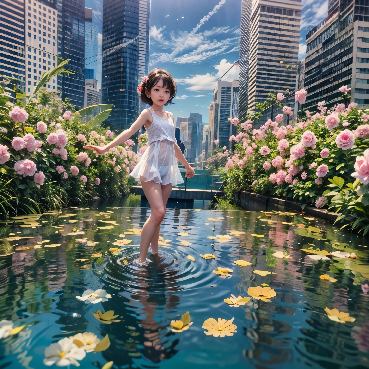 280th floor infinity pool，The tallest building in the urban forest, {Around bonsai|Luo Han Song|coconut palms|tulips|Rose flower}, ExtermlyDetaild(ProfessionlPhoto of Girl floating in the sky:1.37)(Masterpiece 8K TopQuality:1.2), ExtremelyDetailed KAWAII face Eyes{ElaboratePupils with (SparklingHighlights:1.28)|DoubleEyelids with (Voluminous LongEyelashes:0.88)|RosyCheeks} BREAK   Detailed impeccable Radiant PearlSkin with Transparency (Skinny SchoolSwimwear:1.37) beautiful graceful {HiddenHand|Corrected BabyLikeHand} (Whole Body Proportions and all limbs are Anatomically Accurate)