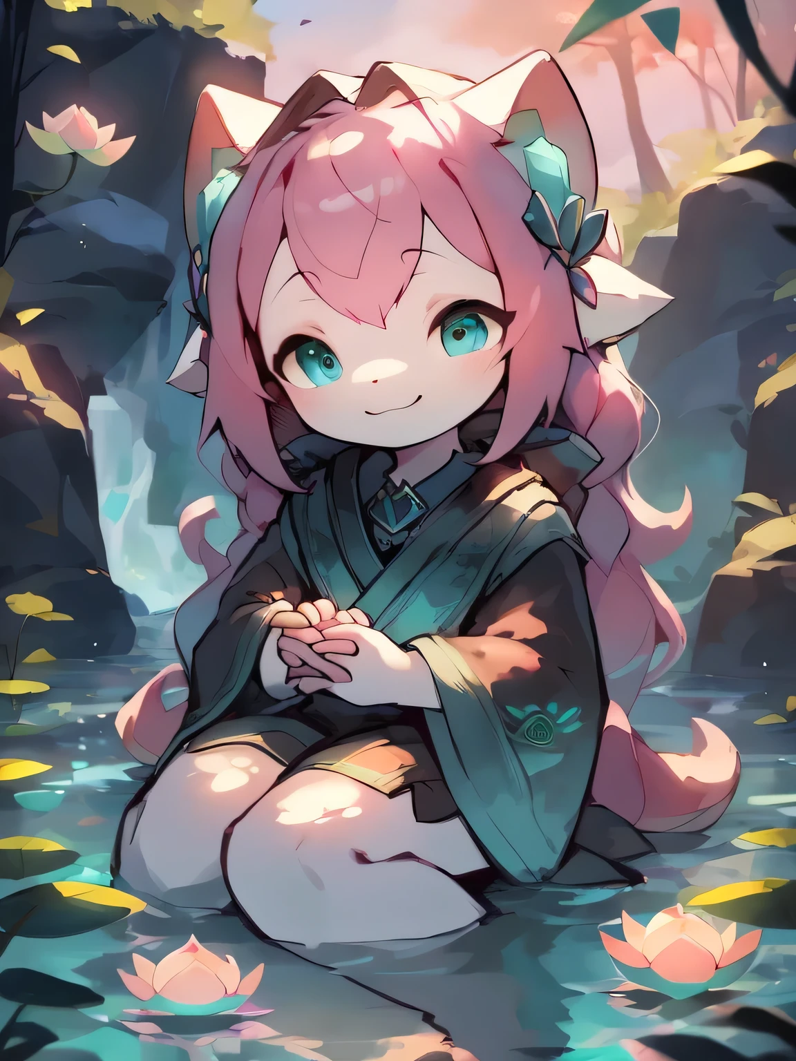 ((((PROTOtype, sublime requisite, peerless resolution)))), 1girl, in stature, sitting cross-legged, ((long wavy-streamlined aqua pink hair)), ((beautiful almond-shaped turquoise eyes)), ((peaceful smiling face)), (((ultra detailed face:0.8, turquoise glowing aura:0.6))), centered, forest or seaside background, looking at hands, ((closed eyes:0.8, lotus flower held in hands)), wide shot, background soft lighting, ((serene locales, calm)), 22 years old, kneeling, light cooling colors, ((more personality)), (((ethereal innocence)))