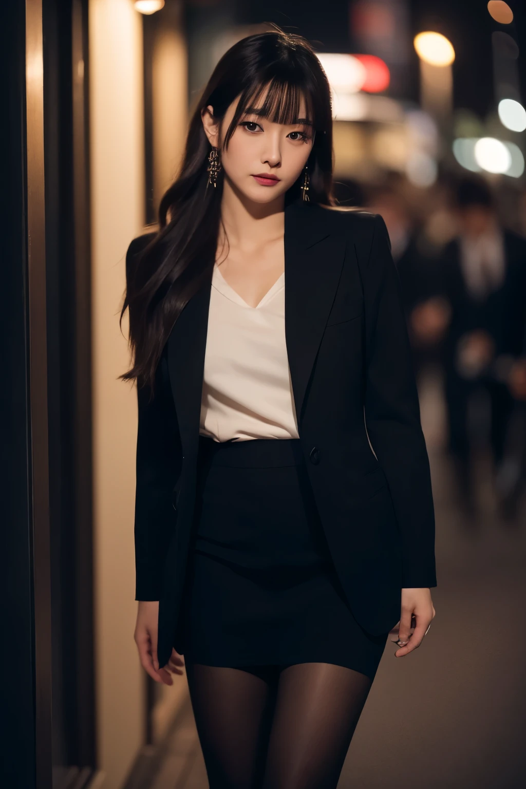 (masterpiece,best quality, 8K, 32k, nffsw: 1.2), Photos of beautiful Japanese women, Long hair、 Vision、Delicate face、Tokyo night scene detail、High-end、Adult women、Suit Beauty、Black tights、walk