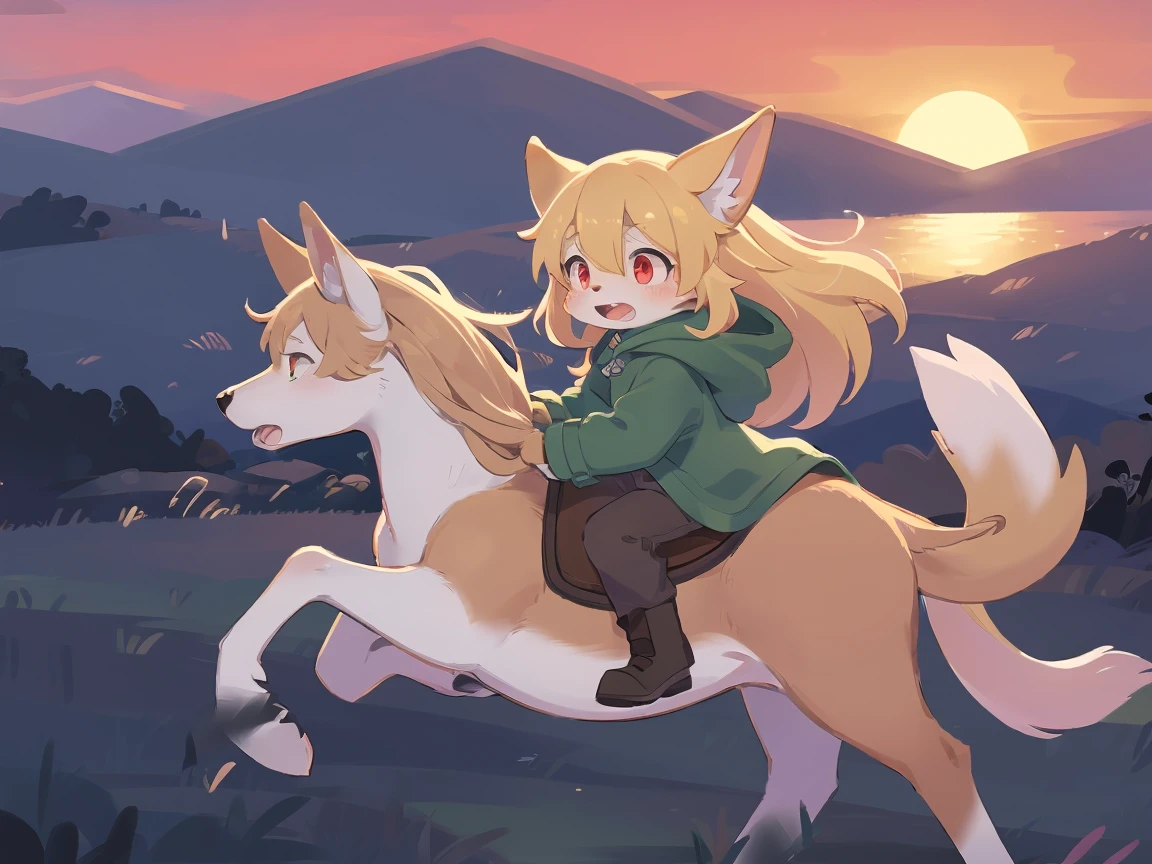 the fox, , was hairy, shaggy, skin fur, smooth lashes, golden fur, forelimb hands, straight long blonde hair, solid circle eyes, golden ears, golden fur, golden facial fur, shiny hair, red eyes, heart-shaped eyes, super cute face, 1fox tail, fluffy tail, furry tail, glowing eyes, green coat green hood down, brown trousers, riding unsaddled horse, open mouth, embarrassed, ambient light, ultra-fine fur, dashed eyes, full body, masterpiece, high quality, high-details, best quality, (((solo))), twilight, sun light, red sky, rim light