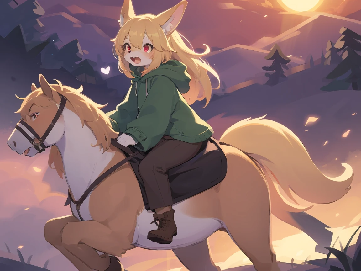  the fox, , was hairy, shaggy, skin fur, smooth lashes, golden fur, forelimb hands, straight long blonde hair, solid circle eyes, golden ears, golden fur, golden facial fur, shiny hair, red eyes,  heart-shaped eyes, super cute face, 1fox tail, fluffy tail, furry tail, glowing eyes, green coat green hood down, brown trousers, riding unsaddled horse, open mouth, embarrassed, ambient light, ultra-fine fur, dashed eyes, full body, masterpiece, high quality, high-details, best quality,  (((solo))), twilight, sun light, red sky, rim light