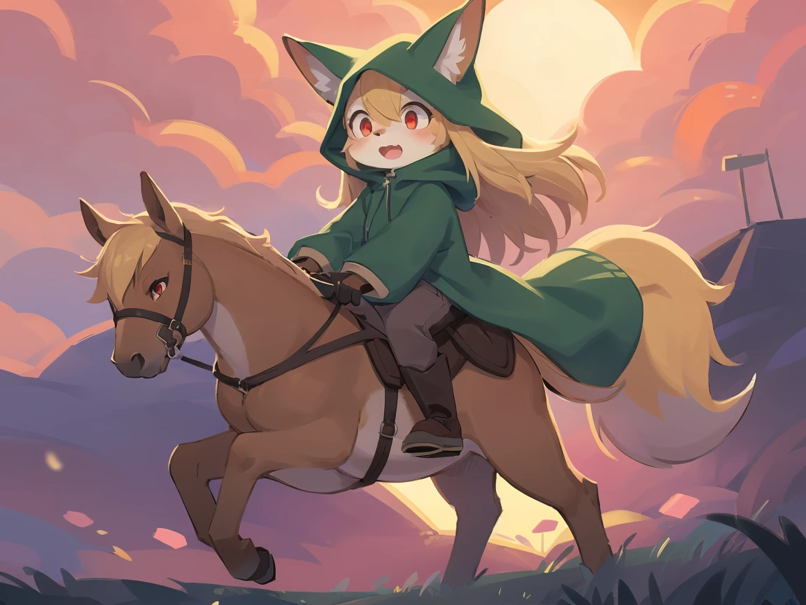  the fox, , was hairy, shaggy, skin fur, smooth lashes, golden fur, forelimb hands, straight long blonde hair, solid circle eyes, golden ears, golden fur, golden facial fur, shiny hair, red eyes,  heart-shaped eyes, super cute face, 1fox tail, fluffy tail, furry tail, glowing eyes, green coat green hood down, brown trousers, riding unsaddled horse, open mouth, embarrassed, ambient light, ultra-fine fur, dashed eyes, full body, masterpiece, high quality, high-details, best quality,  (((solo))), twilight, sun light, red sky, rim light
