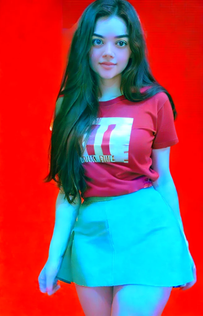 analog film photo solo, gstyle, realistic, ((red shirt)), (((LONG hair))), (((happy512))), (((short skirt , t-shirt, and miniSKIRT.))), ((Simple Light red background:1.5)), ((dynamic pose)), high detailed, 8k, clear facial features, skin zehragunes . faded film, desaturated, 35mm photo, grainy, vignette, vintage, Kodachrome, Lomography, stained, highly detailed, found footage
