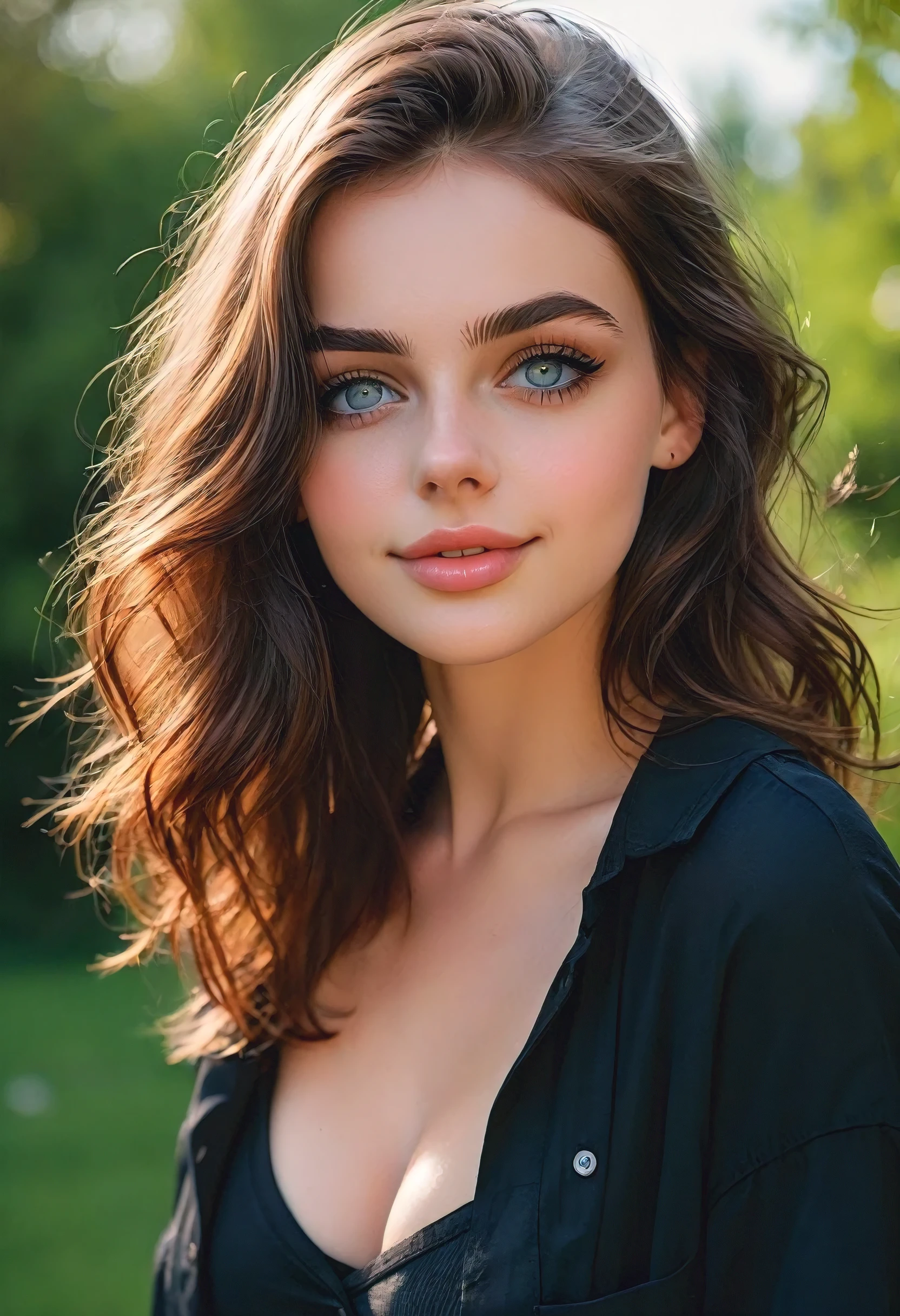 score_9, score_8_up, score_7_up, score_6_up, beautiful woman, cute face, shy, kinky smile, extreme ultra detailed perfect eyes, deepth colorful eyes, 20yo, nose blush,big breasts,(black buttoned collared shirt),short pant, Standing in the park, (in park), eyes contact, lot of desire for the viewer, pov, out door, RAW photo, realistic, volumetric lighting, depth of field, cinematic, full body, full body shooting, perfect body,