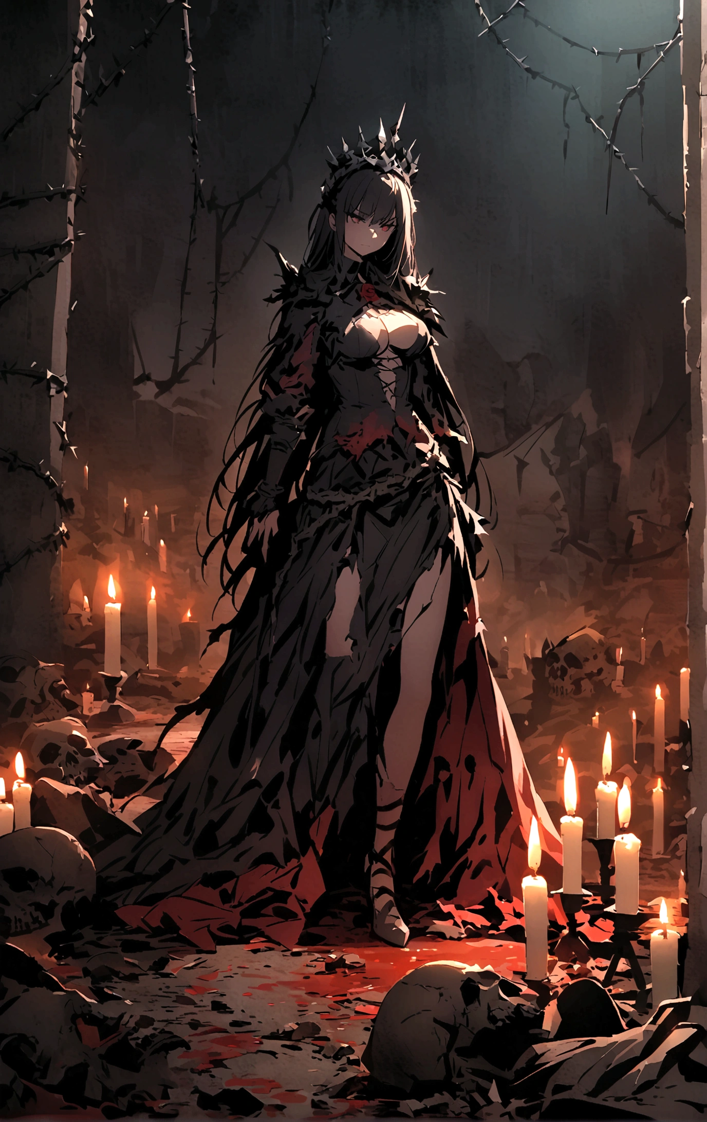 Queen,(Sexy women),Dark Abyss, Crown of thorns,((Broken clothes)),((Thorn rose)),Broken tombstones,Candle,Dark atmosphere,wasteland,only one person,night,Blood