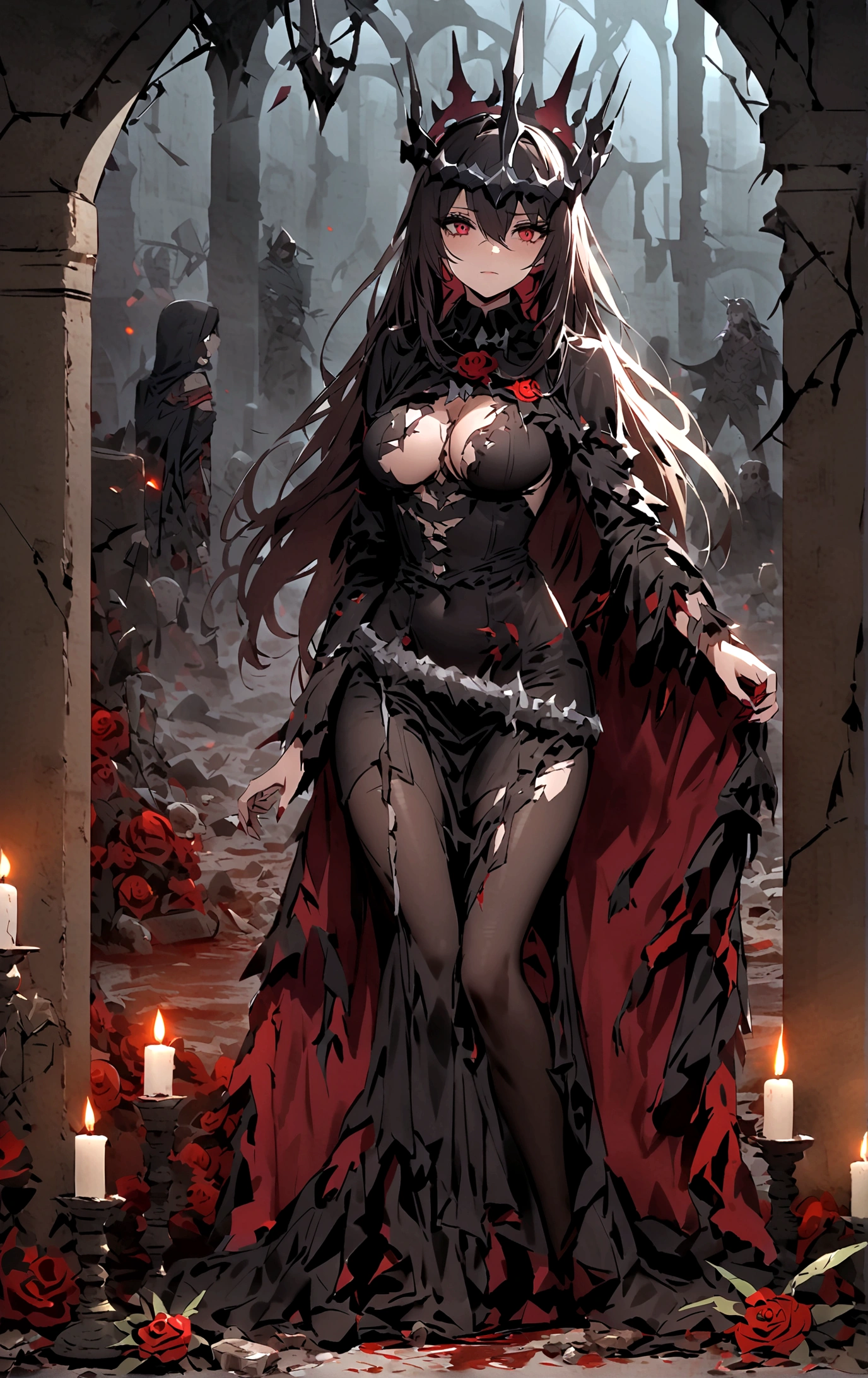 Queen,(Sexy women),Dark Abyss, Crown of thorns,((Broken clothes)),((Thorn rose)),Broken tombstones,Candle,Dark atmosphere,wasteland,only one person,night,Blood