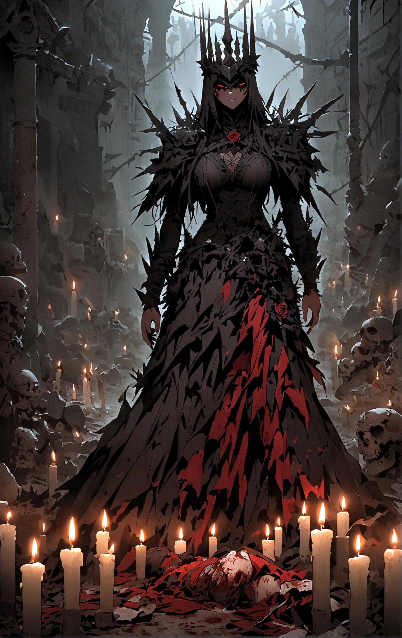 Queen,(Sexy women),Dark Abyss, Crown of thorns,((Broken clothes)),((Thorn rose)),Broken tombstones,Candle,Dark atmosphere,wasteland,only one person,night,Blood