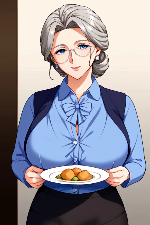 日本人 Mature Woman, (alone), 50 years old, (Wrinkles around the eyes:1.2), Large Breasts, Mature Woman, Glamour, Sexy, View your viewers、Oversized breasts、(bank plate, black skirt, bow, long sleeves, pantyhose, blue shirt, skirt, vest:1.1)banker