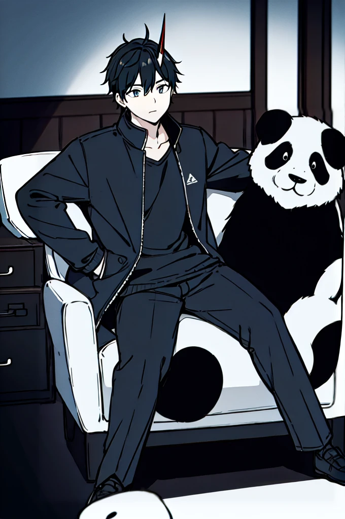 Boy, black eyes, Black hair, focus face, sitting, holding panda,at back Black jaket, black shirt, Black pants, black demon horn