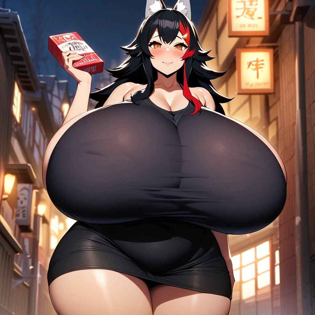 ookami mio,1girl,solo,Mature Women,Females in heat,blush,gigantic huge breasts,condom box in right hand,looking at viewer,standing up,town at night