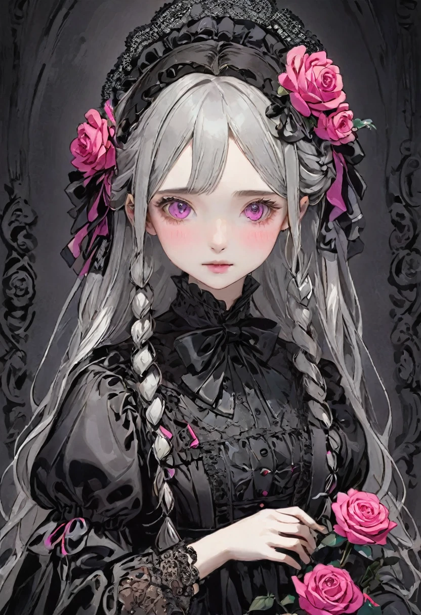 RAW Photos、Realistic、Highest quality、masterpiece、Beautiful gothloli Victorian girl, kawaii cute face, floral motifs, intricate details, braided hair, black lace, large doll-like eyes, dark fantasy, black color, neon-pink color, silver color, roses ribbons, baroque design, surreal elegant, manga influence, detailed illustration, etching technique, high artistic value, historical cultural depth, world-renowned artwork