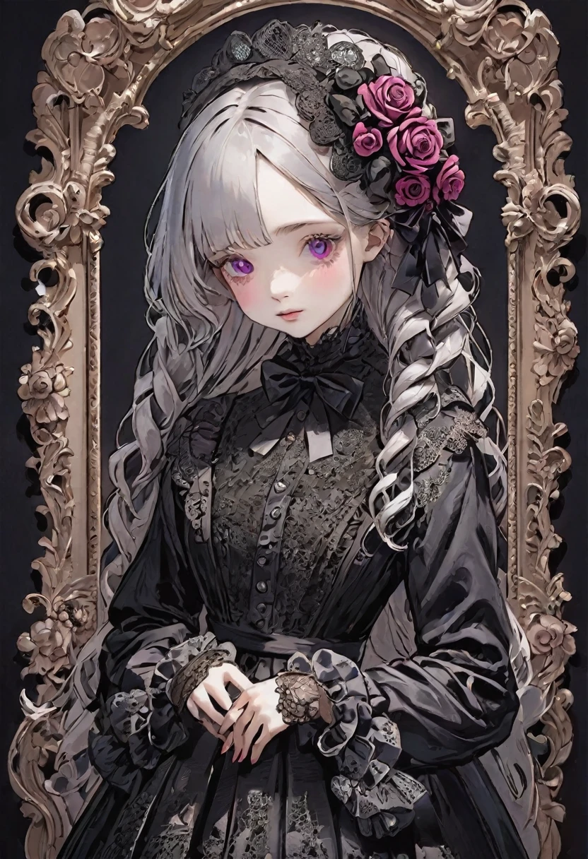 RAW Photos、Realistic、Highest quality、masterpiece、Beautiful gothloli Victorian girl, kawaii cute face, floral motifs, intricate details, braided hair, black lace, large doll-like eyes, dark fantasy, black color, neon-pink color, silver color, roses ribbons, baroque design, surreal elegant, manga influence, detailed illustration, etching technique, high artistic value, historical cultural depth, world-renowned artwork