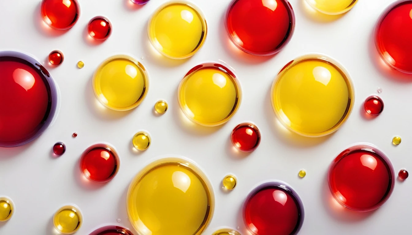 vibrant colored bubbles on a glossy white, yellow and red surface