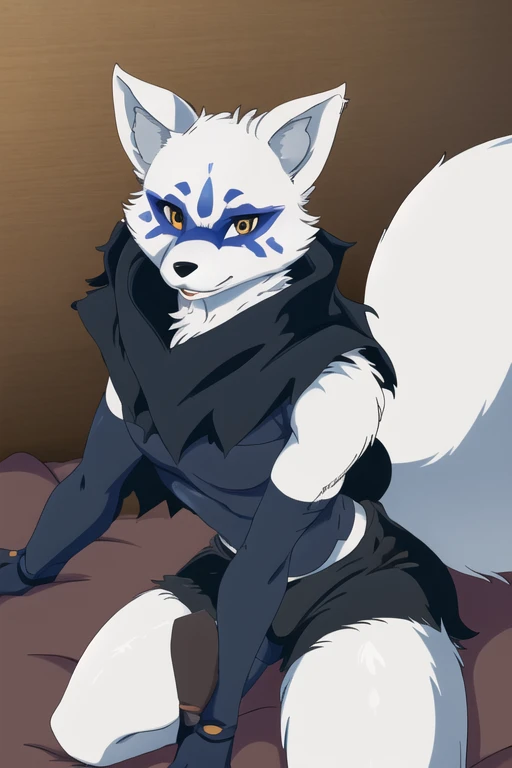Alopex, arctic fox, anime, furry skin, blue marks face, tmnt, smile, orange eyes, girl1, solo, bedroom, brown cape, black bandage, black shirt, black shorts, best quality, masterpiece, overview angle shot, sexy pose