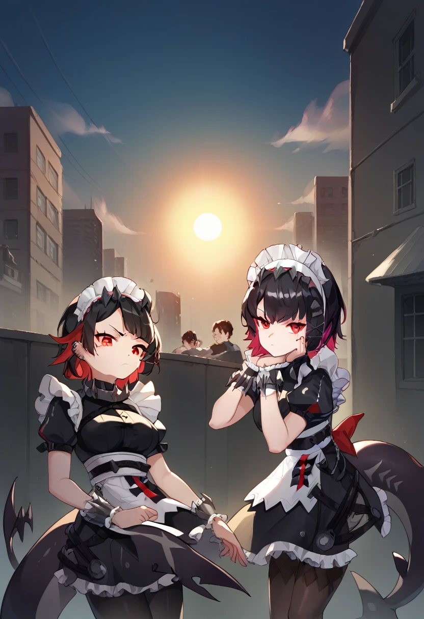 Anti-Joe, Ugly Joe, Black Hair, Colored undercoat, multicoloRed hair, (Red Eyes:1.3), Red hair, short hair, Two-tone hair, rest bapron, black Pantyhose, black shirt, black skirt, ear punching, arrive, fish Tail, maid, maid apron, maid headdress, Pantyhose, punching, puffy Short sleeve, Puff sleeves, Shark Girl, shark Tail, shirt, Short sleeve, skirt, Tail, Two-tone hair, Wrist sleeves, rest outdoors, City, Sky, cloud, sun, architecture, crowd, people, alley, rest looking at viewer, (Cowboy shooting:1.5), rest (masterpiece:1.2), best quality, high resolution, Unity 8K wallpaper, (illustration:0.8), (beautiful deTailed eyes:1.6), extremely deTailed face, Perfect lighting, extremely deTailed CG, (Perfect hands, Perfect anatomical structure),