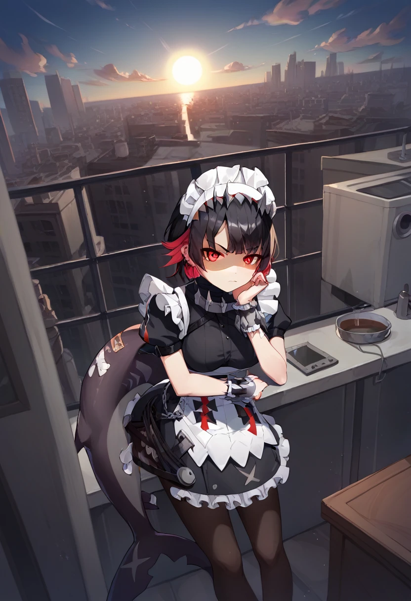 Anti-Joe, Ugly Joe, Black Hair, Colored undercoat, multicoloRed hair, (Red Eyes:1.3), Red hair, short hair, Two-tone hair, rest bapron, black Pantyhose, black shirt, black skirt, ear punching, arrive, fish Tail, maid, maid apron, maid headdress, Pantyhose, punching, puffy Short sleeve, Puff sleeves, Shark Girl, shark Tail, shirt, Short sleeve, skirt, Tail, Two-tone hair, Wrist sleeves, rest outdoors, City, Sky, cloud, sun, architecture, crowd, people, alley, rest looking at viewer, (Cowboy shooting:1.5), rest (masterpiece:1.2), best quality, high resolution, Unity 8K wallpaper, (illustration:0.8), (beautiful deTailed eyes:1.6), extremely deTailed face, Perfect lighting, extremely deTailed CG, (Perfect hands, Perfect anatomical structure),
