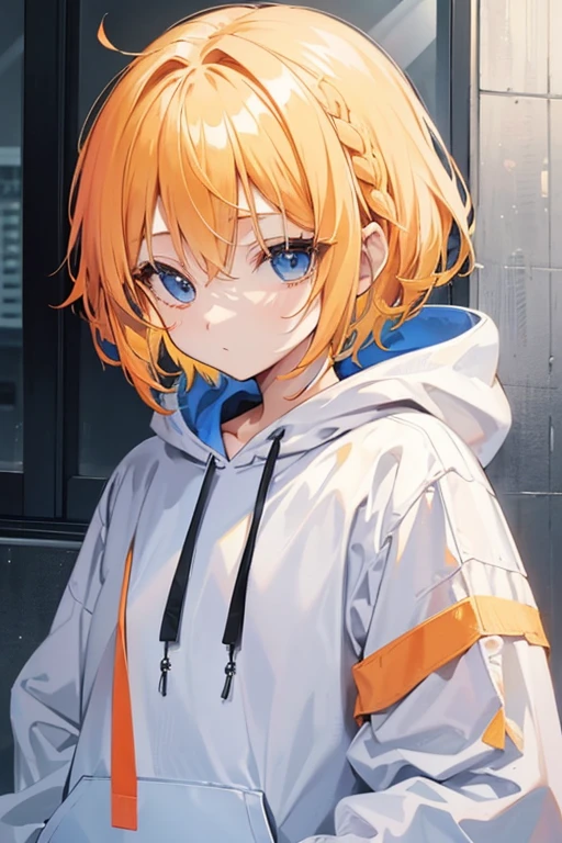 Blonde short hair girl、The orange mesh1t(It applies to the front hair)、Orange ribbon at the end of the braid(1t)、Droopy eyes、Blue eyes、Wearing a baggy hoodie