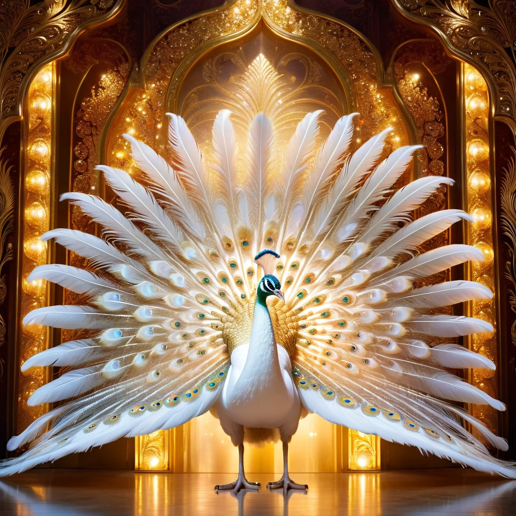 White peacock，Front upright，（Pure white body，White feathers，Gold pattern，Crystal sparkle），Peacock opens the screen，Looking at the audience，fantasy，Colorful tones，masterpiece，Dramatic ethereal beauty，Panoramic view：1.2，Three light sources，reflected light