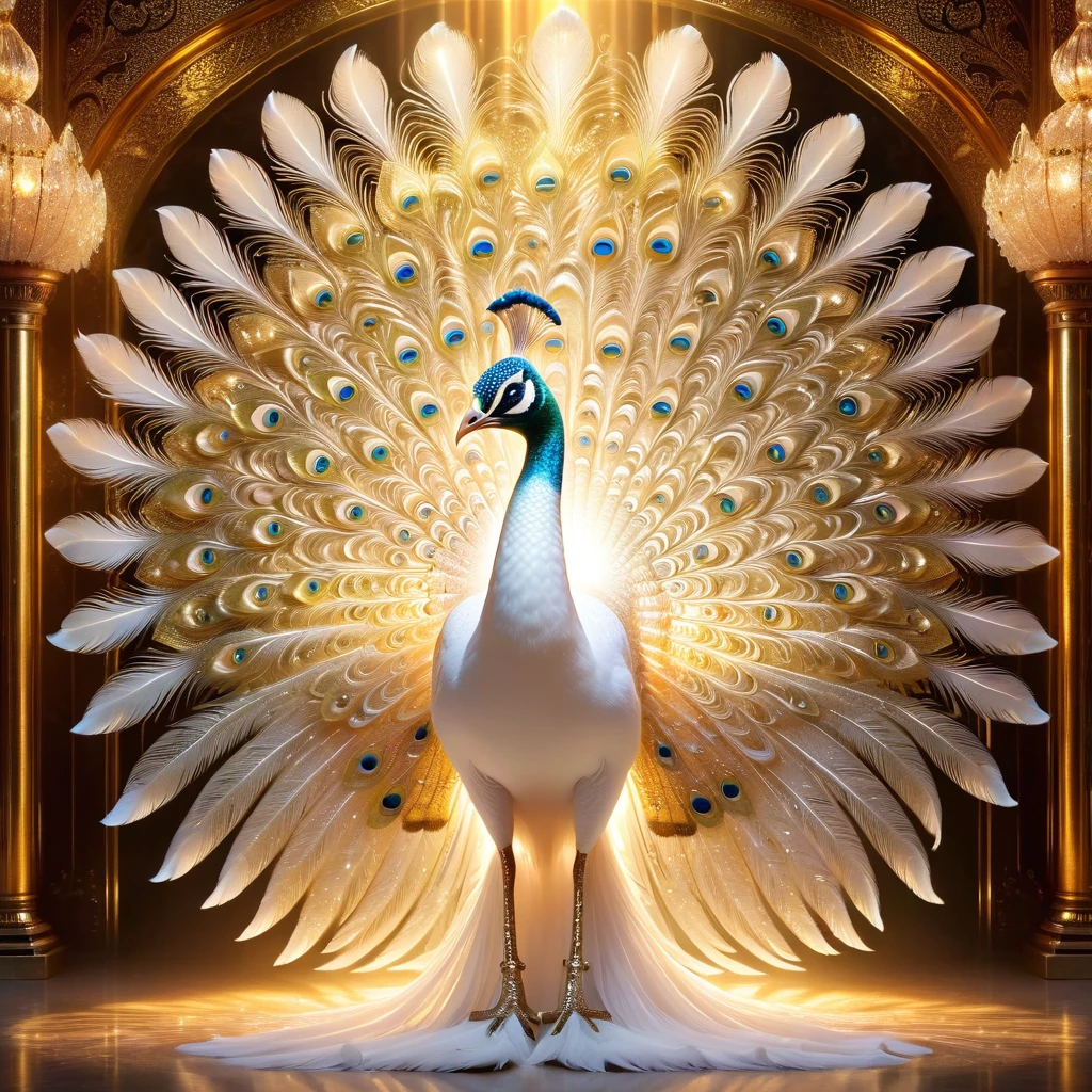 White peacock,Front upright,(Pure white body,White feathers,Gold pattern,Crystal sparkle),Peacock opens the screen,Looking at the audience,fantasy,Colorful tones,masterpiece,Dramatic ethereal beauty,Panoramic view:1.2,Three light sources,reflected light
