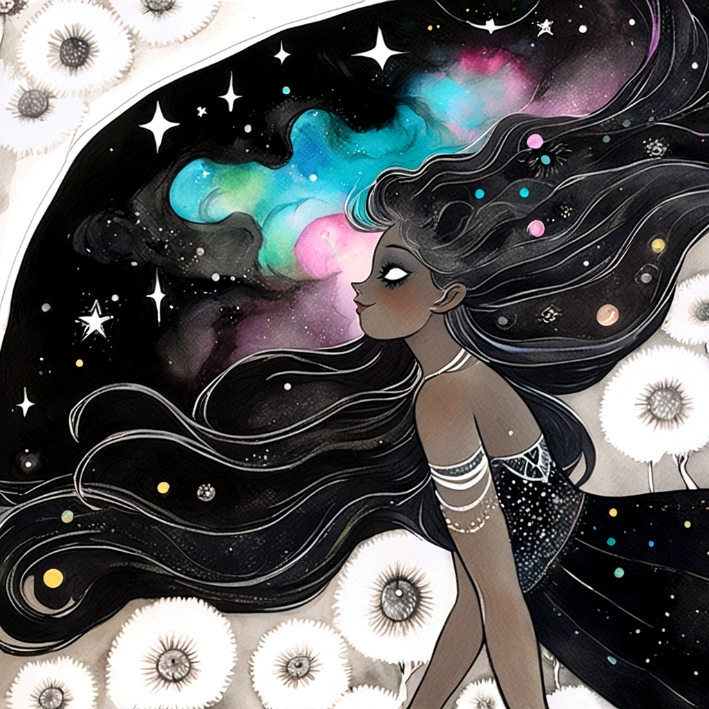painting of a woman with long hair and a cat in the background, a watercolor painting by Kelly McKernan, tumblr, space art, her hair is the milky way, cosmic goddess, jen bartel, goddess of galaxies, celestial goddess, lunar goddess, anime girl with cosmic hair, portrait of a cosmic goddess, anime art nouveau cosmic display, goddess of space and time