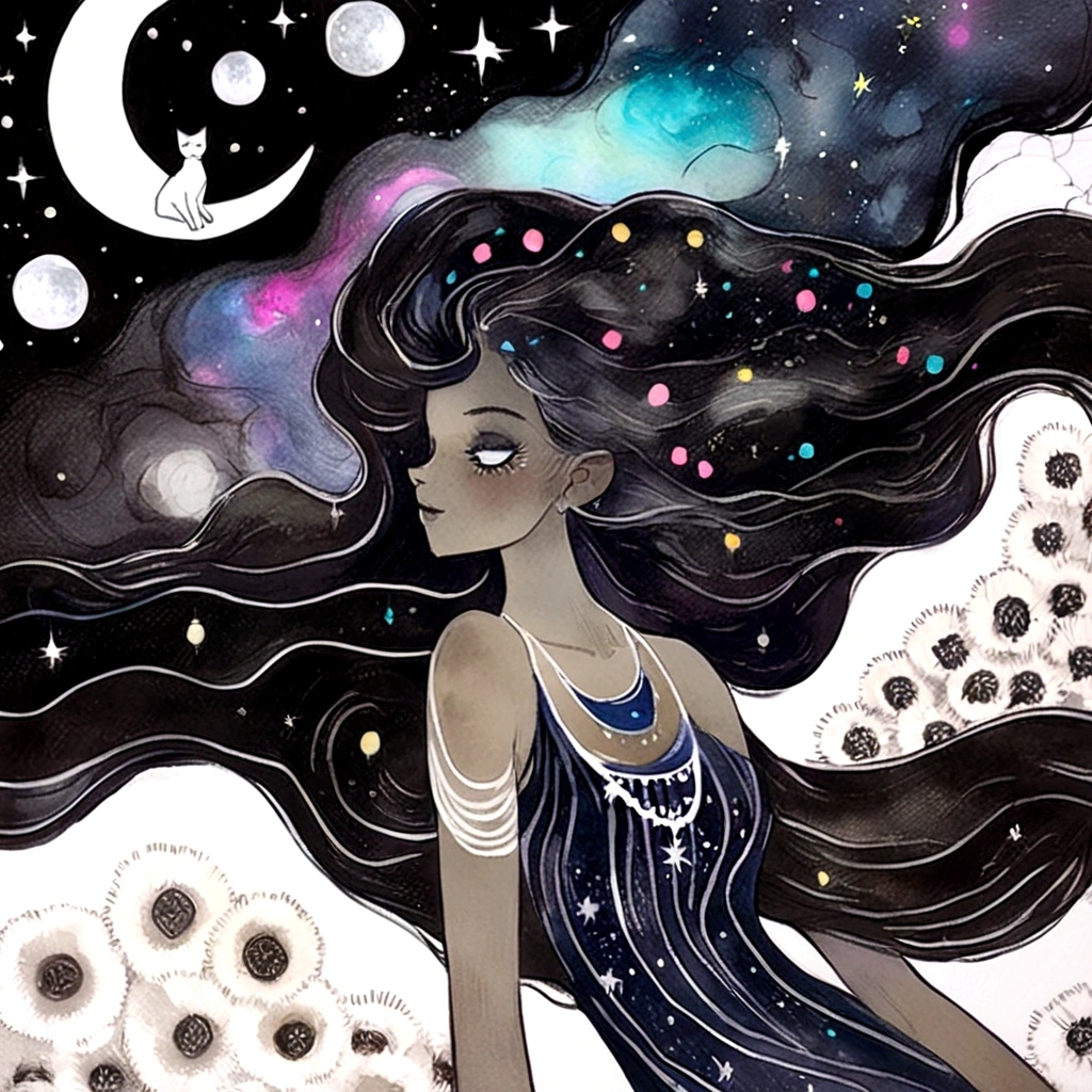 painting of a woman with long hair and a cat in the background, a watercolor painting by Kelly McKernan, tumblr, space art, her hair is the milky way, cosmic goddess, jen bartel, goddess of galaxies, celestial goddess, lunar goddess, anime girl with cosmic hair, portrait of a cosmic goddess, anime art nouveau cosmic display, goddess of space and time