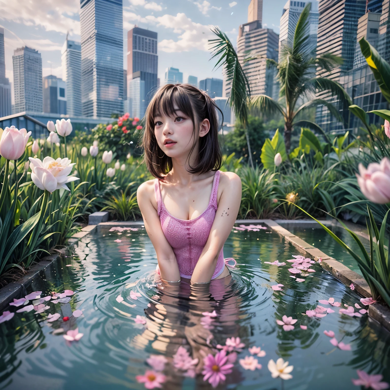 280th floor infinity pool,The tallest building in the urban forest, {Around bonsai|Luo Han Song|coconut palms|tulips|Rose flower}, ExtermlyDetaild(ProfessionlPhoto of Girl floating in the sky:1.37)(Masterpiece 8K TopQuality:1.2), ExtremelyDetailed KAWAII face Eyes{ElaboratePupils with (SparklingHighlights:1.28)|DoubleEyelids with (Voluminous LongEyelashes:0.88)|RosyCheeks} BREAK Detailed impeccable Radiant PearlSkin with Transparency (Skinny SchoolSwimwear:1.37) beautiful graceful {HiddenHand|Corrected BabyLikeHand} (Whole Body Proportions and all limbs are Anatomically Accurate)